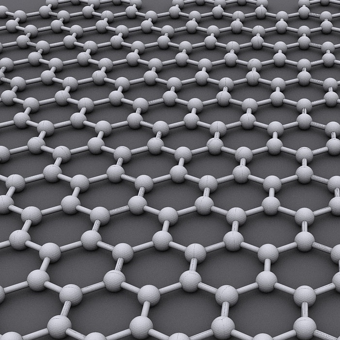 Die Grafik zeigt auf dunkelgrauem Hintergrund Graphen als eine hellgraue wabenförmige, zweidimensionale Struktur (hexagonales Gitter), welche aus Kohlenstoffatomen besteht.